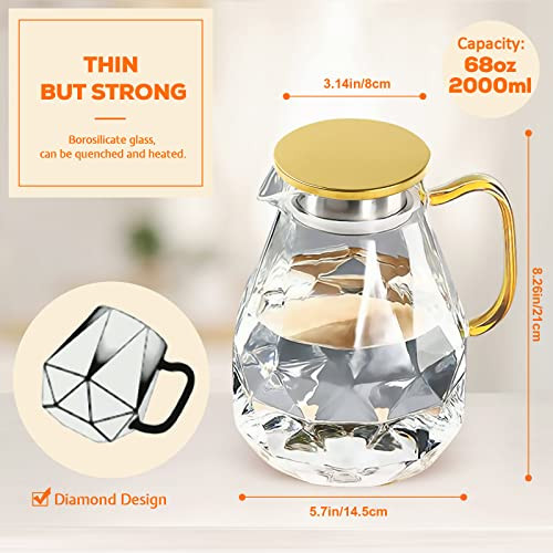jarra de agua con diseño de diamante moderno con tapa de bambú jarra de vidrio de alta durabilidad hermosa decoración para sala de estar resistente al frío/calor DUJUST Jarra de vidrio de 2 litros 
