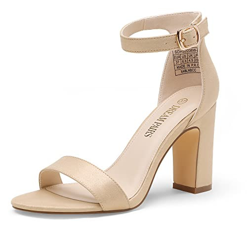 Dream Pairs Sandalia de Vestir para Mujer con Alta Tacón Ancho Zapatos de Tacón Clásicos de Punta Redonda con Hebillas y Tiras Verano MARRÓN/Ante SDHS2236W-E Talla 38 (EUR) Reacondicionado