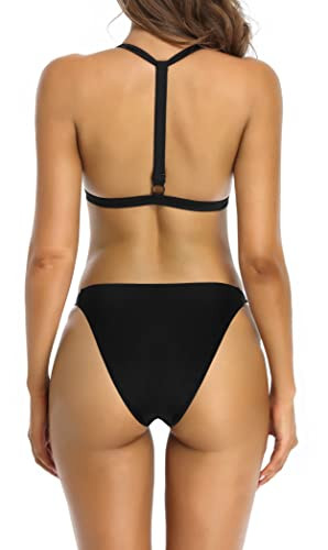 Shekini Traje de Baño de Dos Piezas Mujer Acolchada Clásico Ajustable Halter Bikini Top Bikini Set Cintura Baja Triángulo Bikini Bottom Bikini de Talla L, Color Negro Z Reacondicionado