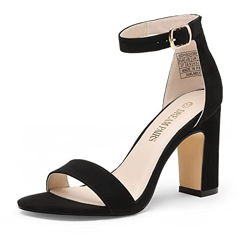 Dream Pairs Sandalia de Vestir para Mujer con Alta Tacón Ancho Zapatos de Tacón Clásicos de Punta Redonda con Hebillas y Tiras Verano Negro/Ante Talla 36 (EUR) Reacondicionado