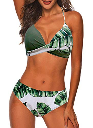 Chechury Bikini Mujer Elegante Traje de Baño Conjunto Estampado Halter Mujer Ropa Playa Traje de Baño Bikini Sets Talla L Verde Reacondicionado