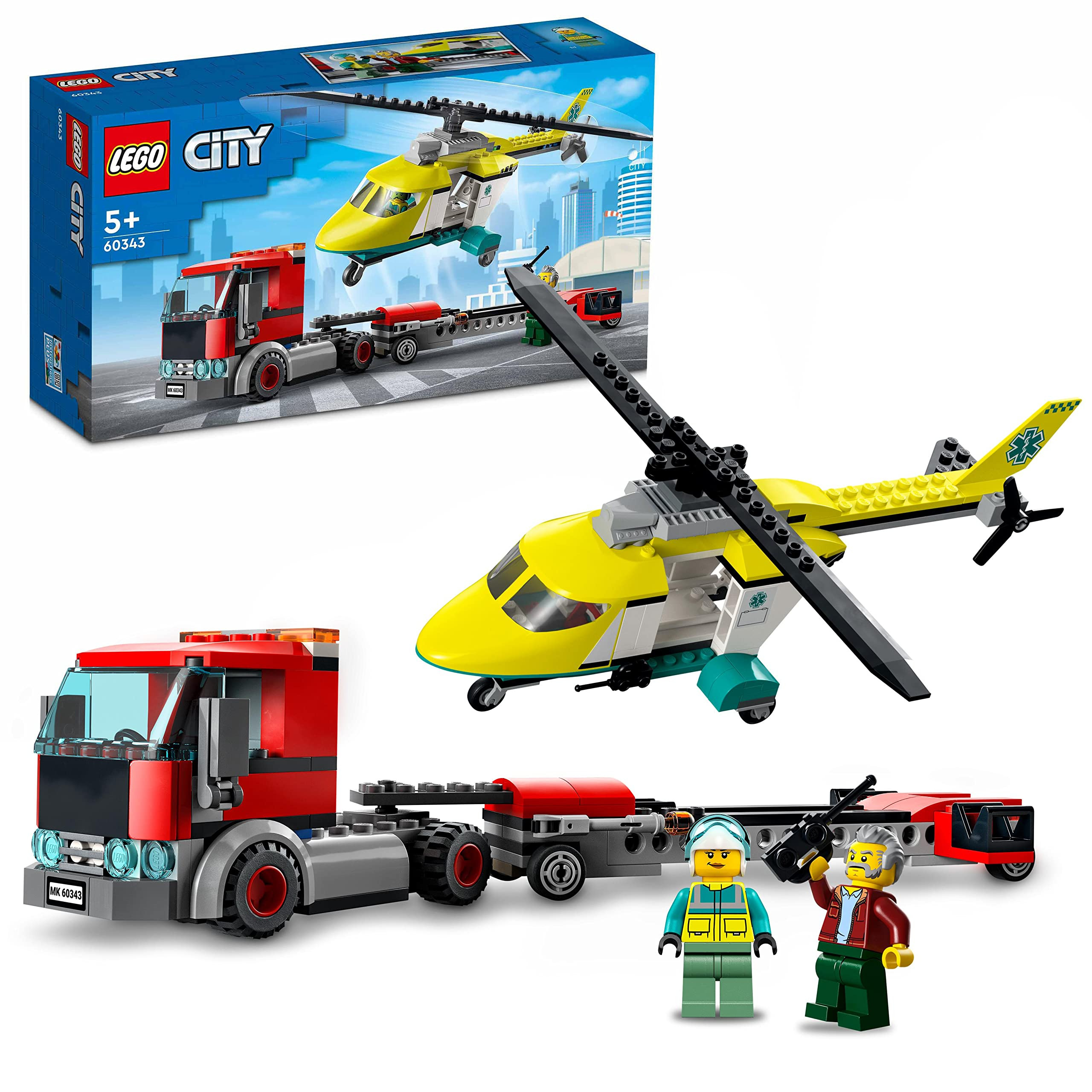 Lego 60343 City Transporte del Helicóptero de Rescate con Camión de Juguete y Mini Figuras, Regalo para Niños y Niñas de 5 Años en Adelante Embalaje Deteriorado