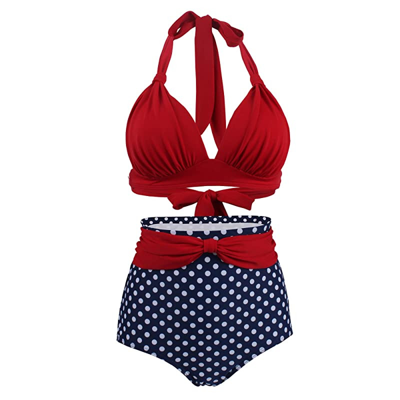 Viloree Conjunto de Bikini Mujer Traje de Baño Elegante con Cuello Halter Conjunto Bikini Vintage 2 Piezas Cintura Alta para Mujer Pantalones Cortos de Color Rojo y Azul XXL Embalaje