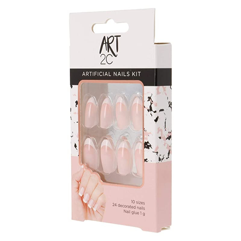 Art 2C - Kit De Uñas Postizas Con Pegamento Fáciles De Poner Y Quitar, 24 Uñas  Decoradas Con Forma Almendrada Y Manicura Francesa (016), 10 Tamaños, 21 g