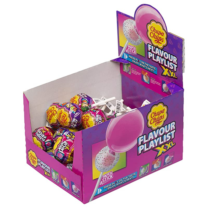 Chups Xxl Caramelo relleno de chicle con palo sabores variados display 25 unidades 29gr. 725