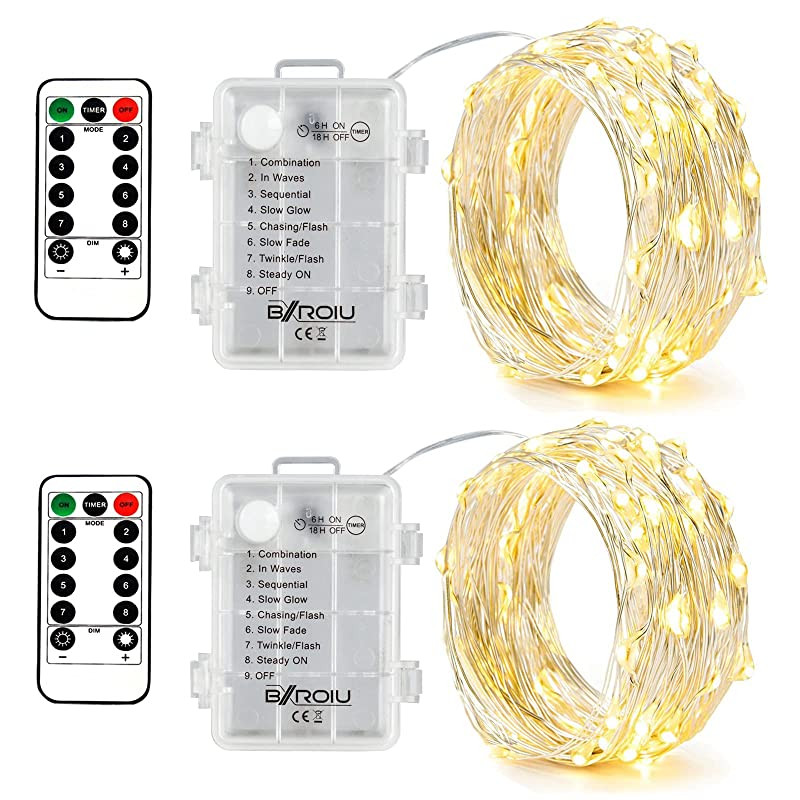 Bxroiu 2 x 50LEDs Guirnalda Luces Pilas con Mando Timer 8 Modos Luces Plata Alambre Cadenas 5 metros(Blanco cálido) Embalaje Deteriorado