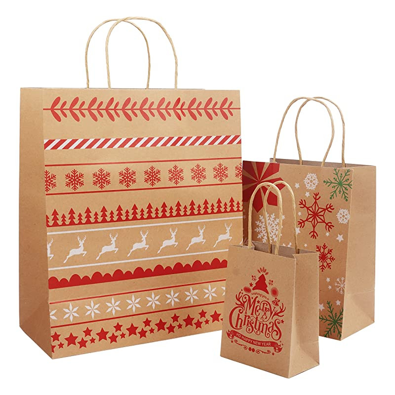 Belle Vous Pack 18 bolsas regalo navidad 3 tamaños diferentes 6 cada uno papel kraft para presentes fiestas