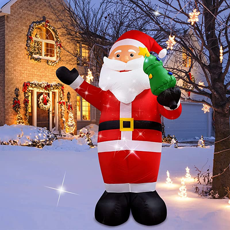 Papá Noel Inflable, 244cm Papá Noel Inflable Decoración Navideña, Santa Claus Hinchable con Luces LED, Inflador Eléctrico Decoración Navideña para Interiores Exteriores, IP44 Impermeable -1000mAh/12W Embalaje Deteriorado