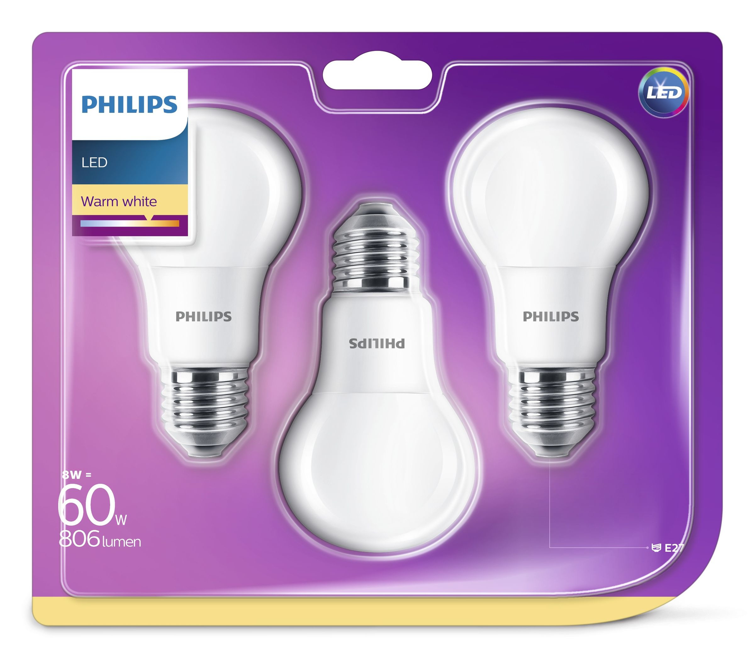 Philips Bombilla LED E27 8W (60W) Blanco Cálido, No regulable