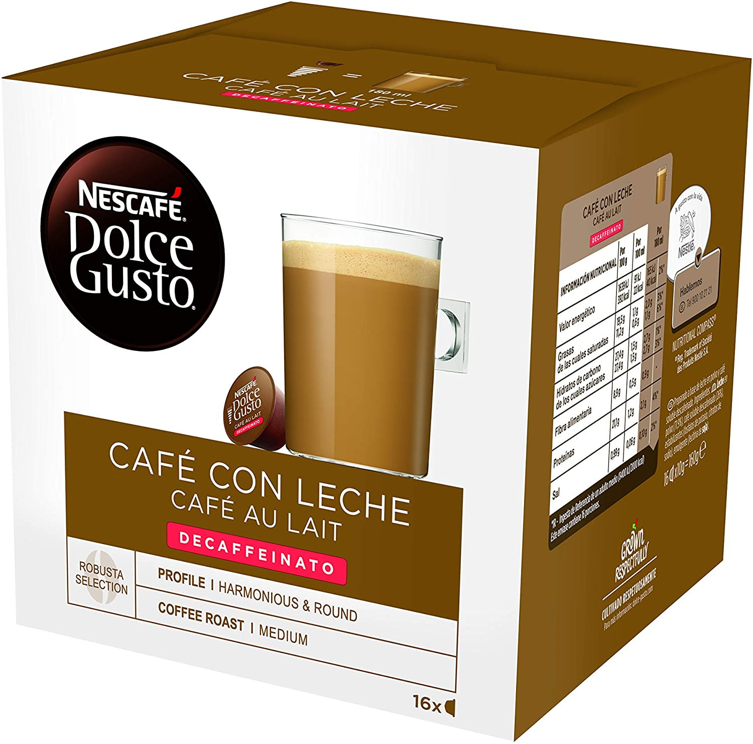 Nescafé Dolce Gusto Café con leche descafeinado, Pack de 3