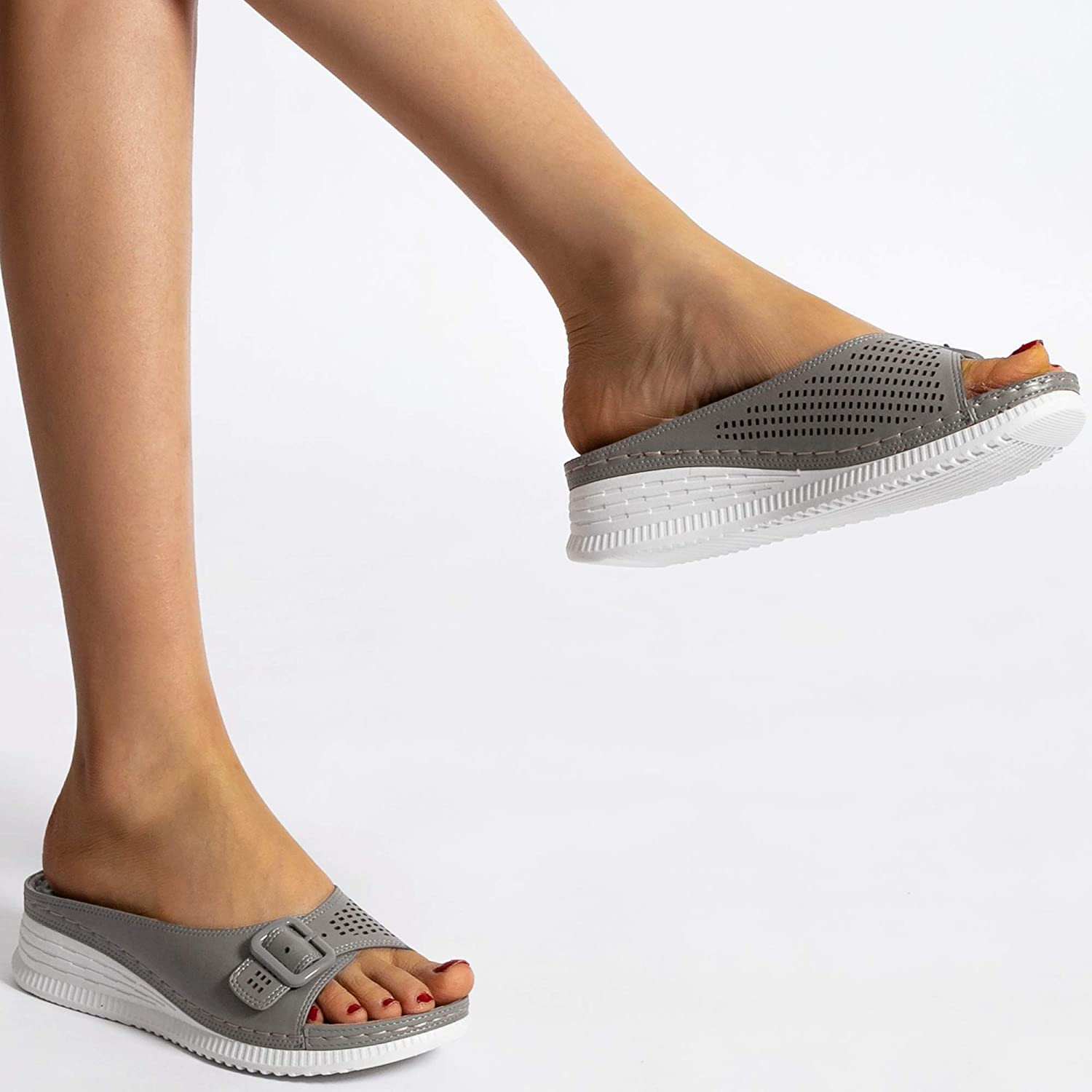 ChayChax Sandalias con Punta Abierta para Mujer Mules de Cuña Cómodas Pantuflas de Cuero Moda Plataforma Zapatillas de Verano Antideslizante 