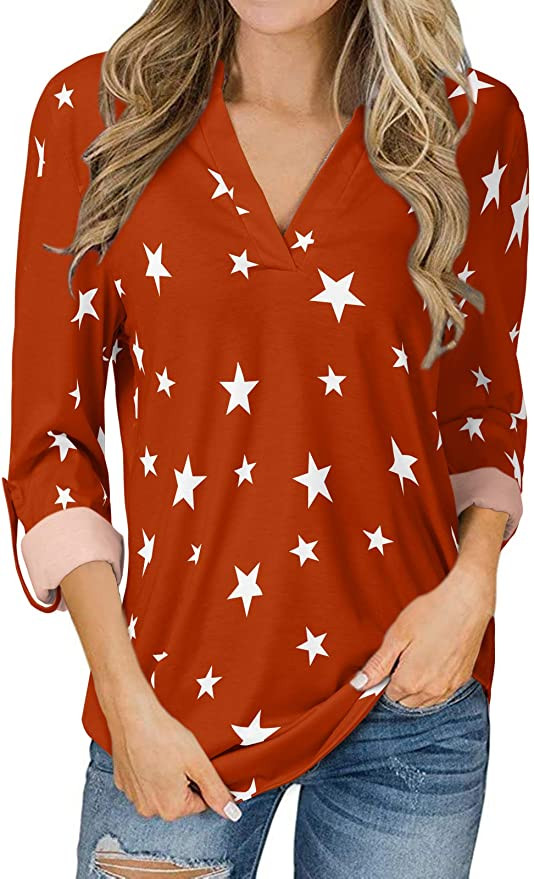 YOINS Blusa Mujer Cuello V Camiseta Estrellas impresión Manga Larga Túnica Casual SueltoTops Otoño Invierno 