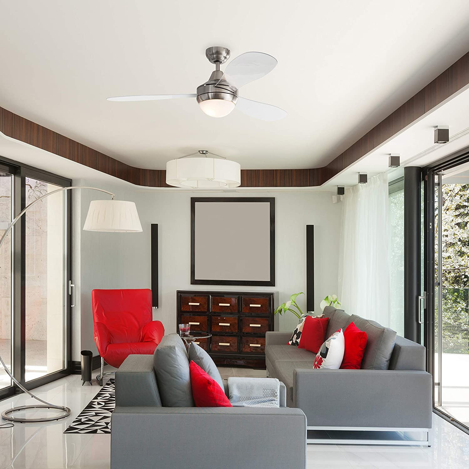 Moderno ventilador de techo faro con 3 aspas transparentes y mando a distancia de diseño Orlando MiniSun grande 122cm