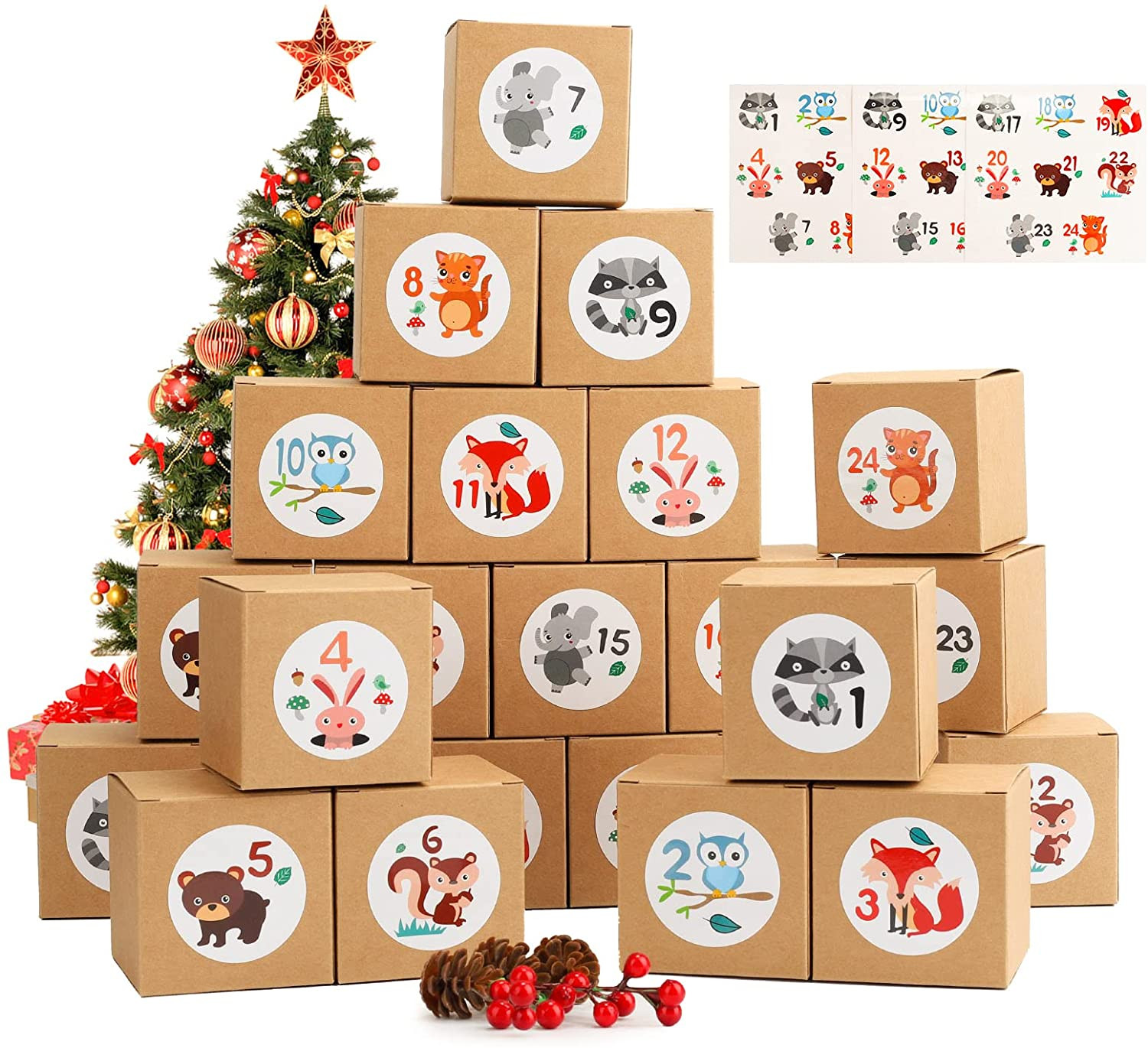 Herefun Cajas de Regalo Navidad Bolsa de Regalo con 24 Pegatinas para Navidad Bolsa para Calendario de Adviento 24Pcs Calendario de Adviento Navidad Fiesta de Cumpleaños 
