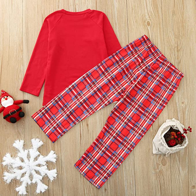 WANGSCANIS Conjunto de Pijamas Navideños para Familia Padre Madre Bebé 2 Piezas Camiseta de Manga Larga Pantalones Largos a Cuadros Estampado de Alces Navidad