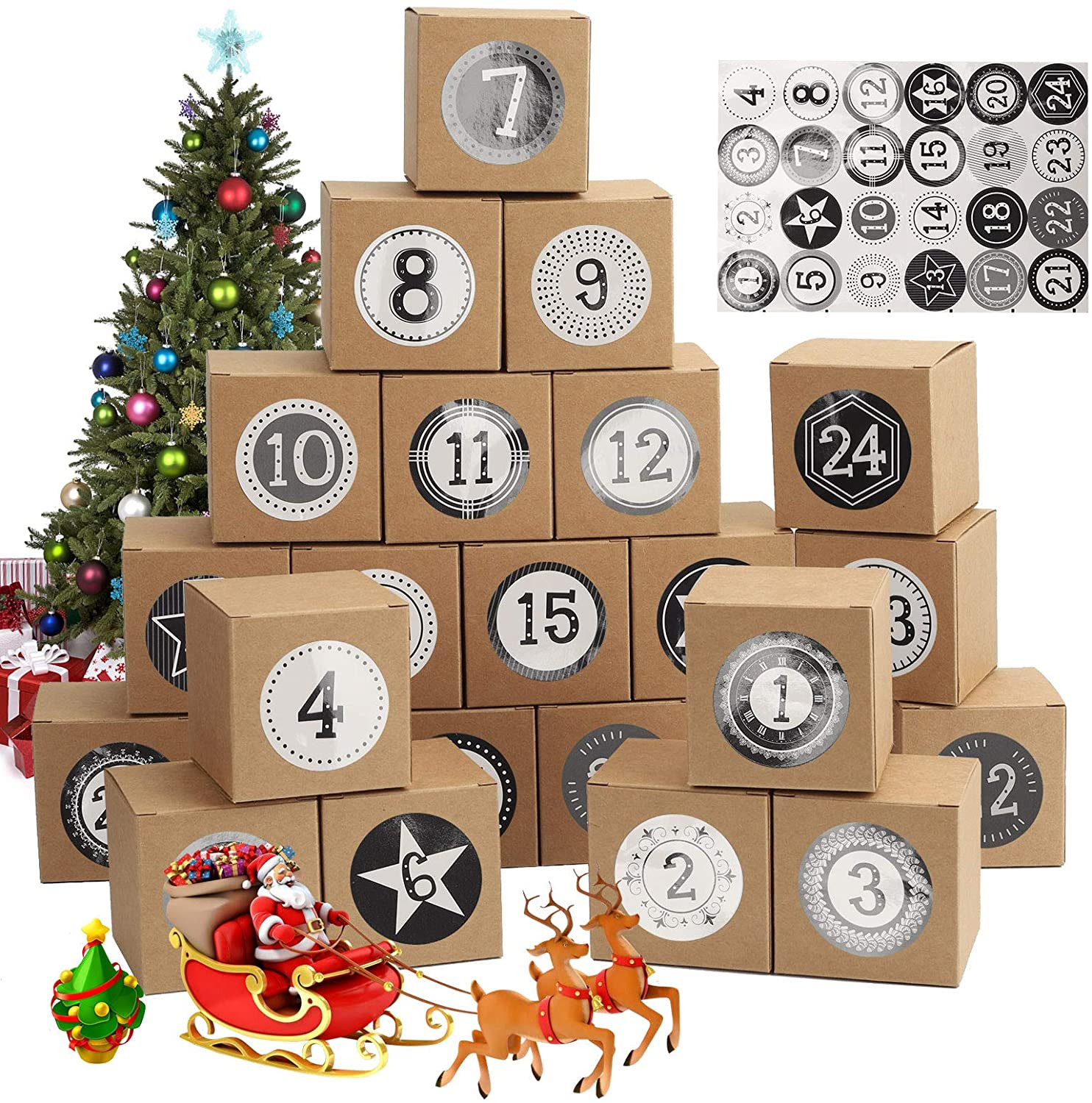 Calendario Adviento Navidad blanco Cajas para Calendario de Adviento DIY Calendarios de Adviento con 24 Adhesivos Digitales de Adviento 24 Cajas de Regalo Navidad 24 Calendario de Adviento