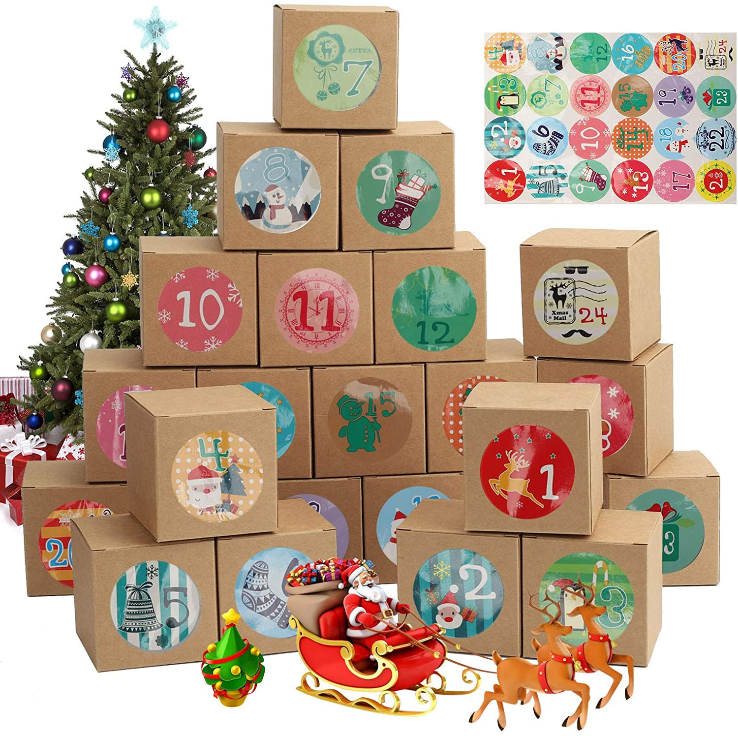 Calendario Adviento Navidad blanco Cajas para Calendario de Adviento DIY Calendarios de Adviento con 24 Adhesivos Digitales de Adviento 24 Cajas de Regalo Navidad 24 Calendario de Adviento