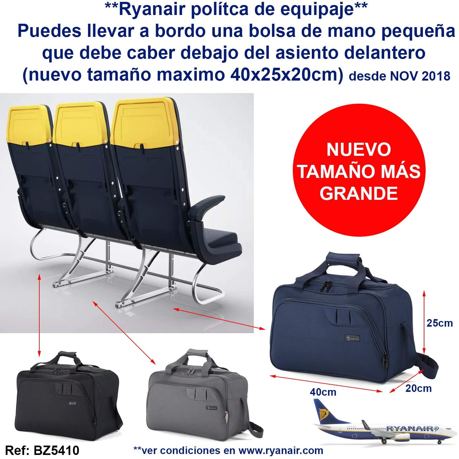 Benzi Viaje 40 X 25 X 20 Tamaño Equipaje De Ryanair (5496 Negro) Reacondicionado | zviz.co.il