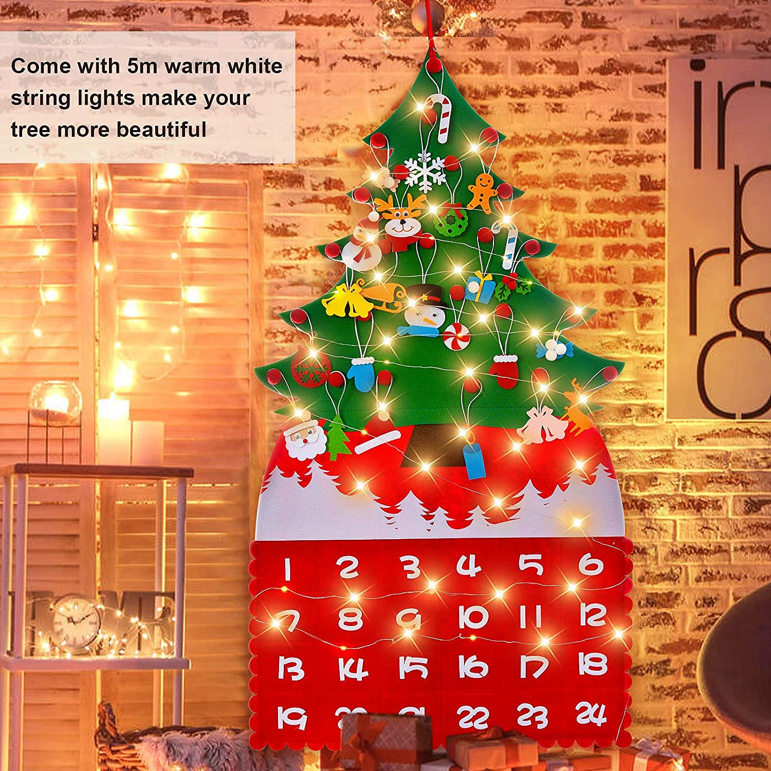 Zwoos Árbol de Navidad Fieltro con 5m Guirnalda Luminosa y 24 Piezas  Adornos - con Calendario de adviento - Decoración navideña DIY