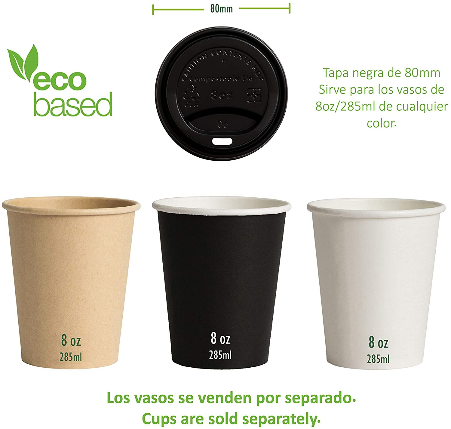 Fabricadas con Ingeo™ Paquete de 50 unidades Tapas Desechables Biodegradables Café Para Llevar Perfecto para Oficinas y Ferias Material 100% Ecológico 90mm./50Uds. 