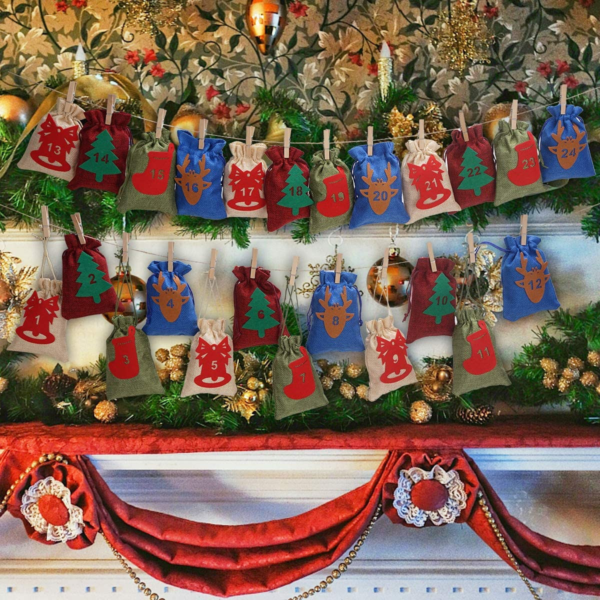 DASFOND Calendario de Adviento Saquitos 24 Piezas Calendario Adviento Navidad,24 Adhesivos Bolsa de Yute DIY Bolsa para Regalo Navidad,Decoración de Regalo Navidad Regalos de Acción de Gracias 