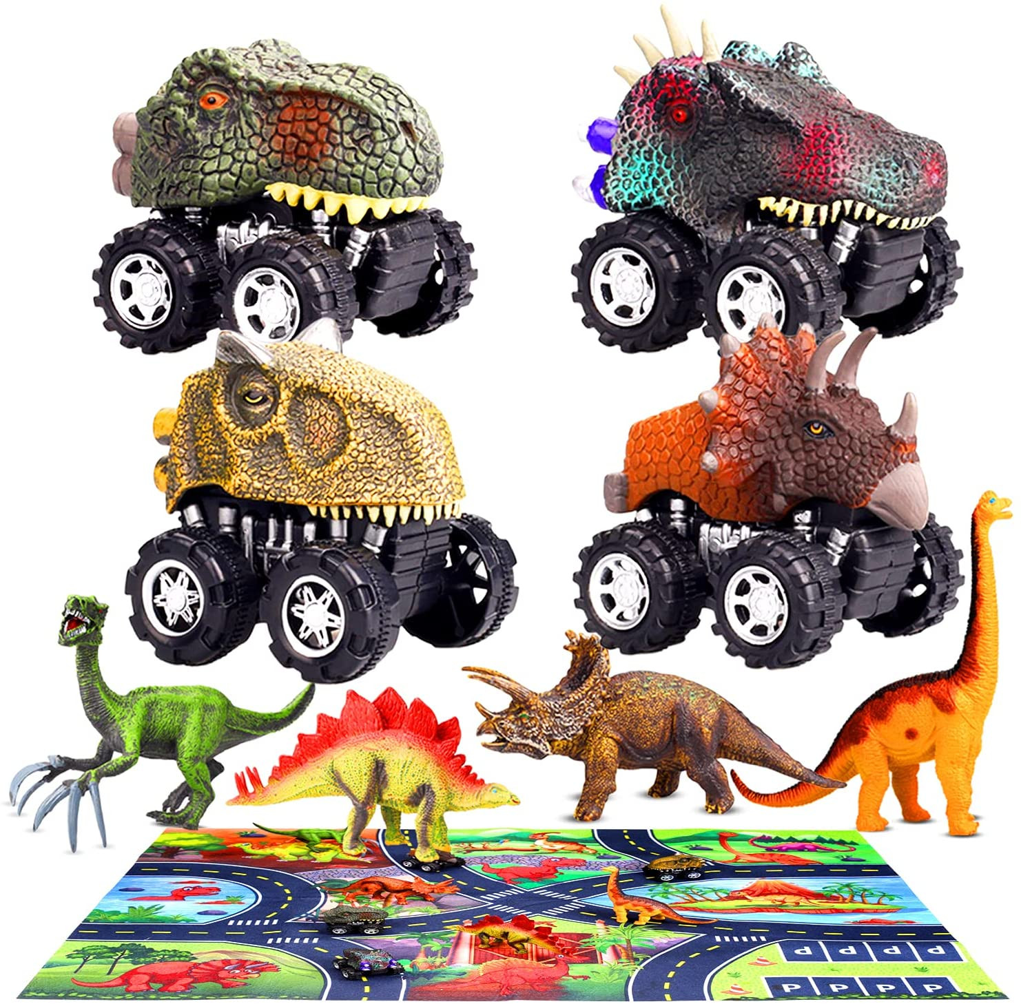 aovowog 9Piezas Dinosaurios Juguetes Niños 2 3 4 5 6 7 8 Años,Juego  Educativo de Dinosaurios con Coches de Dinosaurio