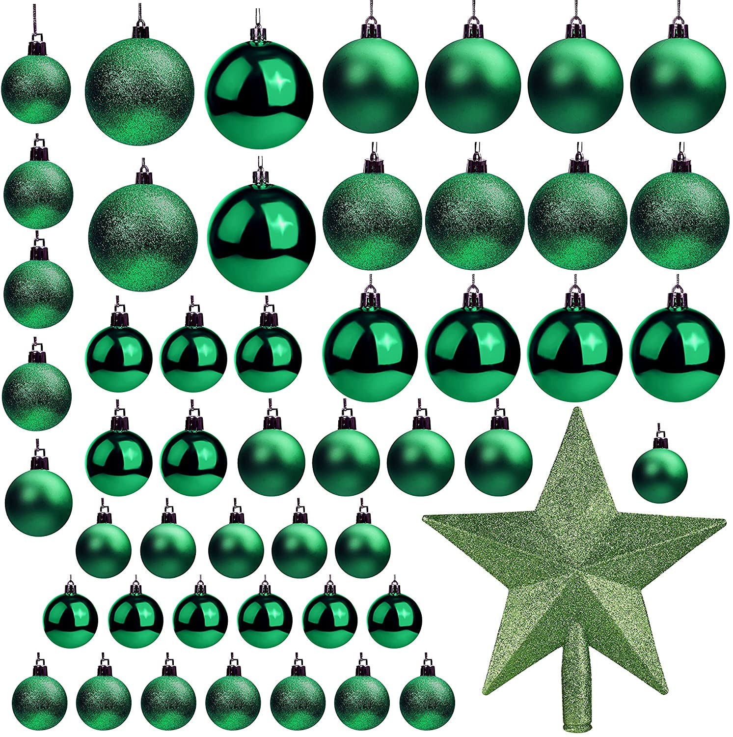 Tamaños Variados Bolas Navideñas con Brillo y Estrella de Navidad para la Punta Pack de 50 Adornos de Navidad Decor Fiestas Interior y Exterior Belle Vous Bolas de Navidad Verdes 