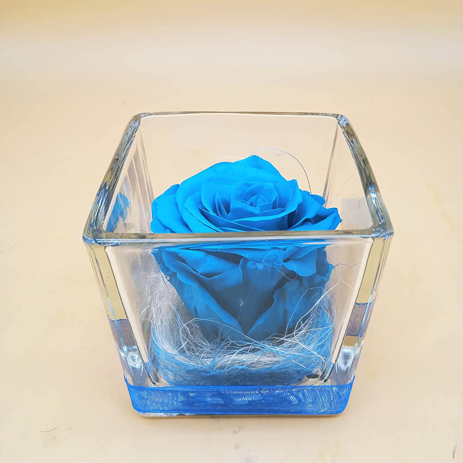 Rosa eterna Azul Turquesa. Cubo de Cristal. Rosa preservada Azul Turquesa. Rosa  Azul eterna. Hecho en España 10 cm