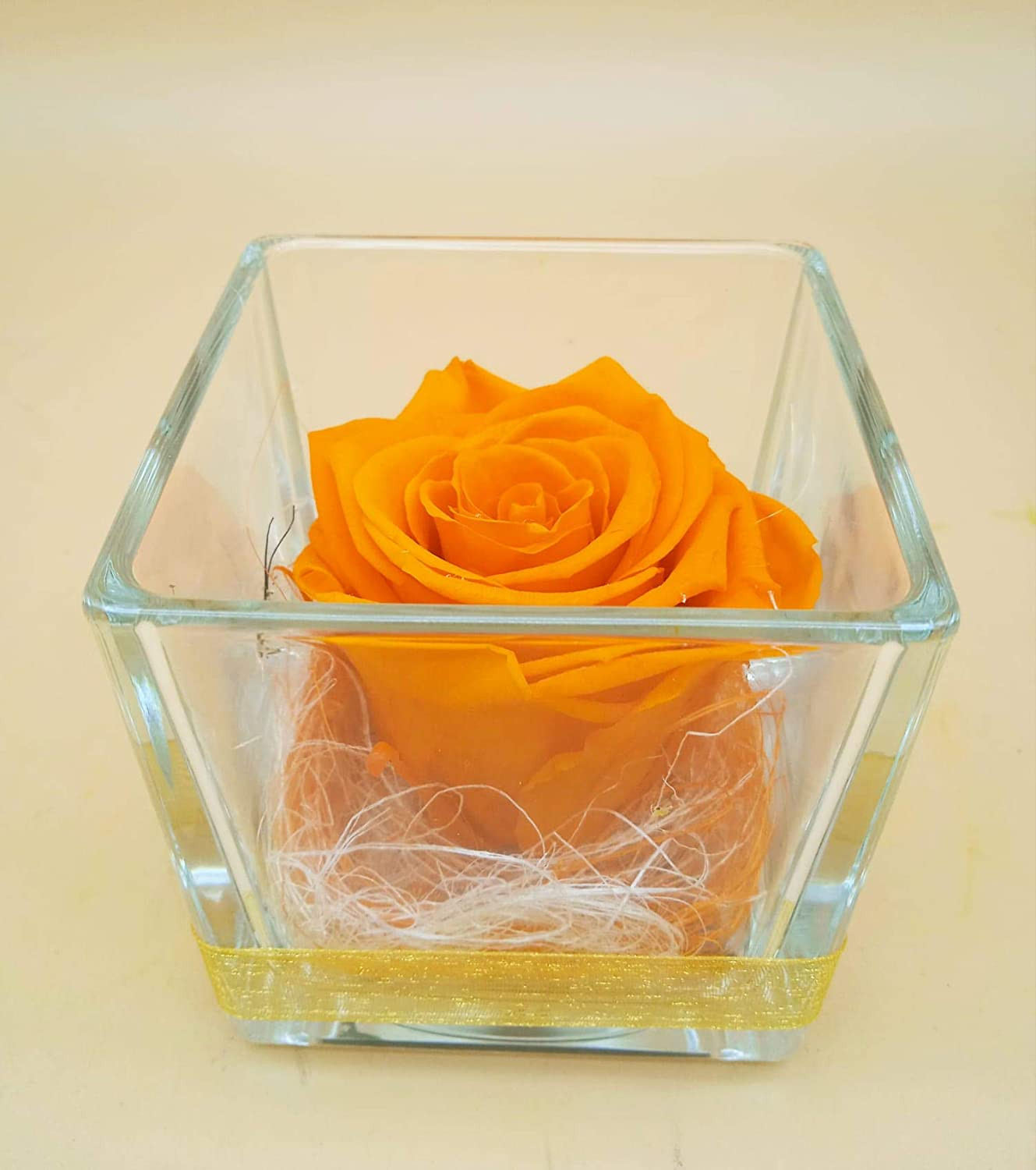 Rosa eterna Naranja. Cubo de Cristal. Rosa Naranja preservada. Rosa eterna  Naranja preservada. Hecho en España.