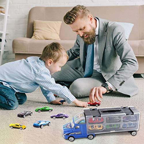 M ZIMOON Camión de Transporte Juguete 2 Transportador de Automóviles con 12 Mini Coches de Metal Coloridos para Niños y Niñas 