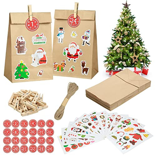 24 clips de madera 1 cuerda de yute y 12 pegatinas de decoración navideñas para decoración de fiestas de Navidad suministros 24 bolsas de papel kraft para regalo de bricolaje con 24 números 