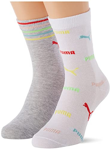 Puma Childrens All-Over-Print Socks Pack de 2 Calcetines con Estampado Integral del Logo niños, White/Grey Melange, 27 Regular Bebés
