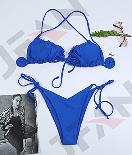 Bikinis para Mujer con Cordón Lateral Traje de baño con Cuello en V Top Bikini de Dos Piezas, L, Azul