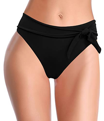 Traje de Baño para Mujer Abdominal Cintura Alta de Bikini Pantalones de natación Ruched Color Sólido Bañadores Retro de Playa Bikini (Negro D, L) Reacondicionado