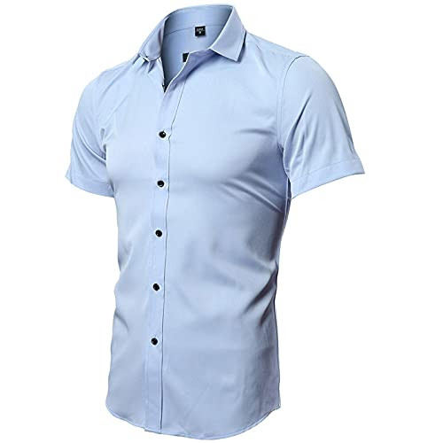 Camiseta Elástica de Vestir Hombre, Manga Corta, Slim T-Shirt Bambú Fibra Elástica Casual/Formal Ambos Disponible, Celeste, 39 (Hombro 45CM, Pecho 100CM) XS
