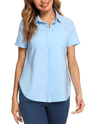 Irevial Camisa Manga Corta Elegante Blusas Verano de Oficina con Botones para Trabajo Azul Claro, M Azul Claro Reacondicionado