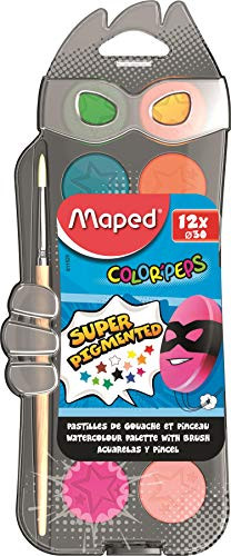 Maped - Set de Manualidades para Niños - Estuche Acuarelas en Pastillas - Paleta de 12 Acuarelas - Diluir con Agua para Crear Efectos - Caja de Plástico con Tapa - Pincel Sintético Incluido