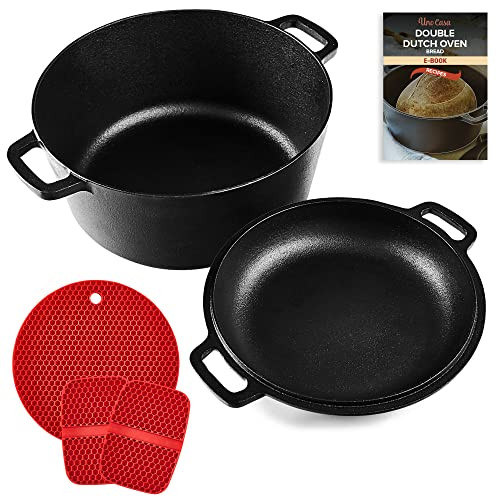 Uno Casa Olla Holandesa de Hierro Fundido con Tapa - Juego de Cocina 2 en 1 presazonado con Olla de 4, 7 litros y sartén de 1, 5 litros Negro Reacondicionado