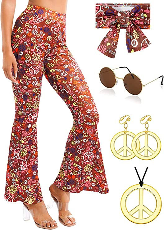 Yadodo Pantalones 70 disfraz hippie damas pantalones de discoteca conjunto ropa hippie mujeres disfraces de carnaval de 60s XS Reacondicionado